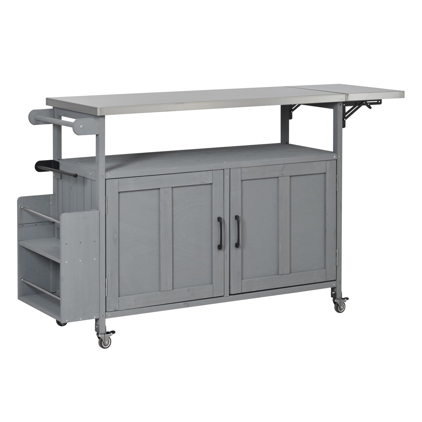 Outdoor Kitchen Island Cart with Foldable Stainless Steel Top, Rolling Grill Table with Adjustable Shelf Storage Spice Rack and Towel Holder, Wooden BBQ Prep Station with Lockable Wheels, Grey