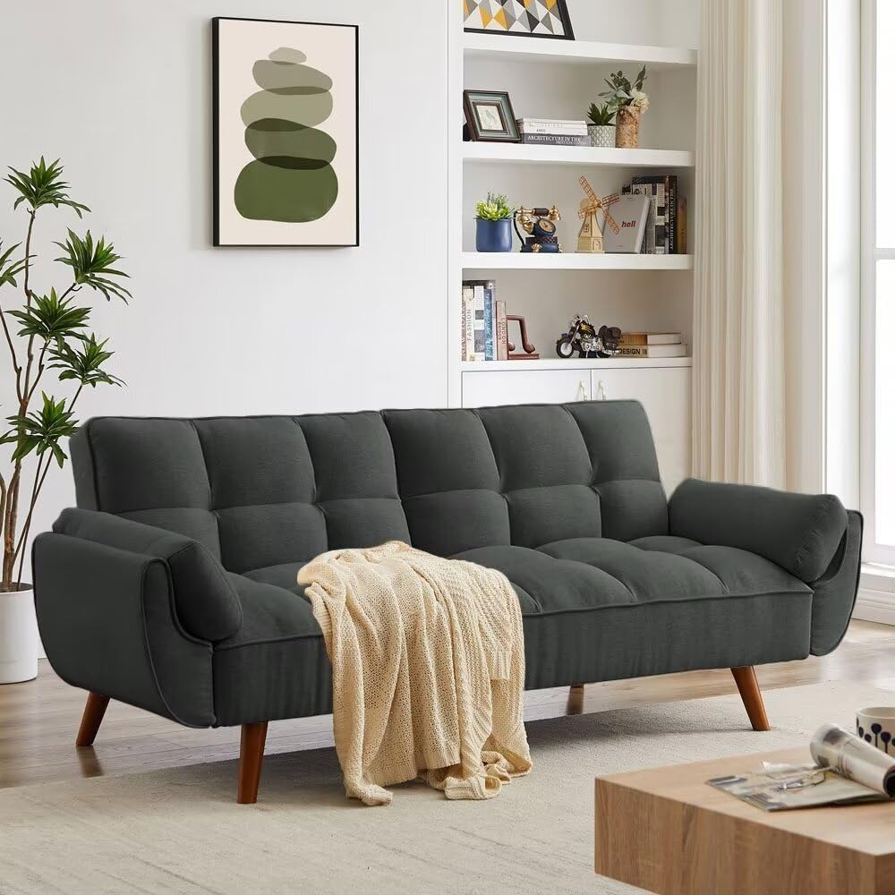 Trygoal Convertible Futon Sofa Bed, Modern Futon Couch with 2 Pillows, Small Futons Couch with Adjustable Armrest & Backrest, Loveseat Sofa Bed for Living Room, Bedroom, Black