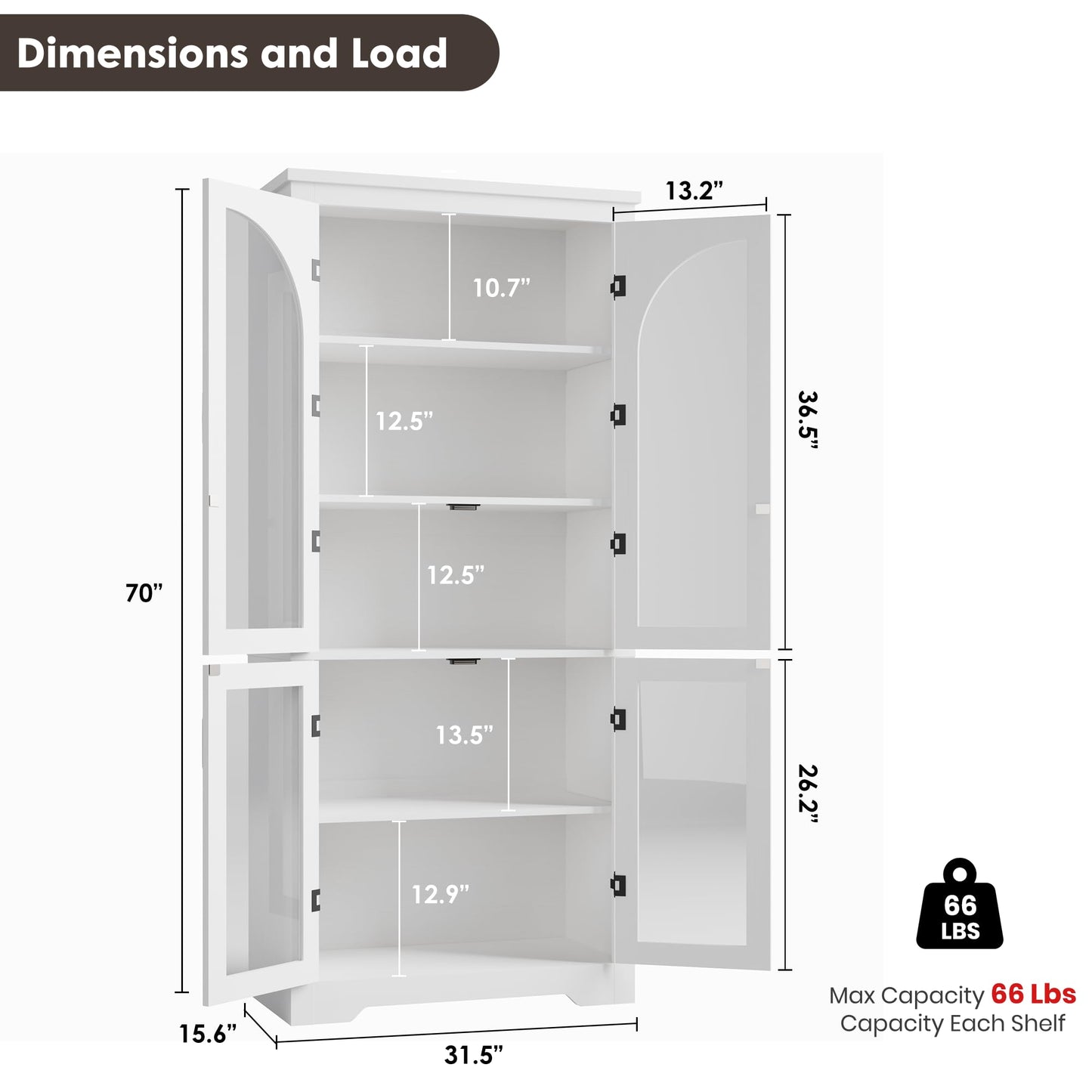Garvee 70" Tall Kitchen Pantry Cabinet - Modern Display Cabinet with 4 Arched Glass Doors and Adjustable Shelves, Versatile Cupboard Organizers for Kitchen, Dining Room, Living Room, Bathroom, White