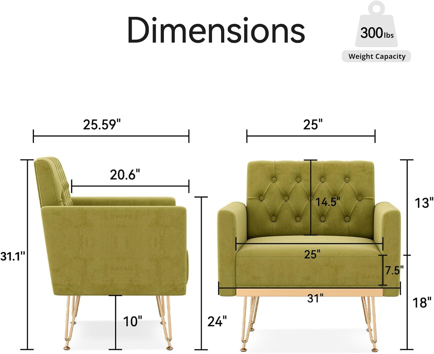 KEIKI Small Velvet Accent Chair, 31 Inch Modern Tufted Upholstered Armchair with Metal Leg, Comfortable Single Sofa Side Reading Chairs, Comfy Arm Chair for Bedroom Living Room, Easy Assembly, Green