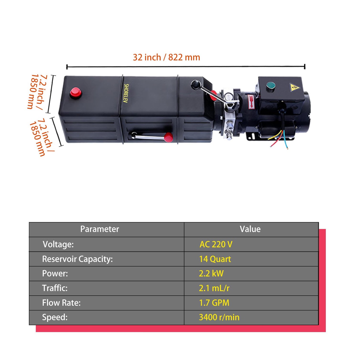 SHORELEV 220V 60Hz Hydraulic Power Unit, Hydraulic Motor, Dump Trailer Pump14L Plastic Reservoir, Manual Button Control, for Auto Lifts, Vehicle Repair, Garage Equipment, and Industrial Applications