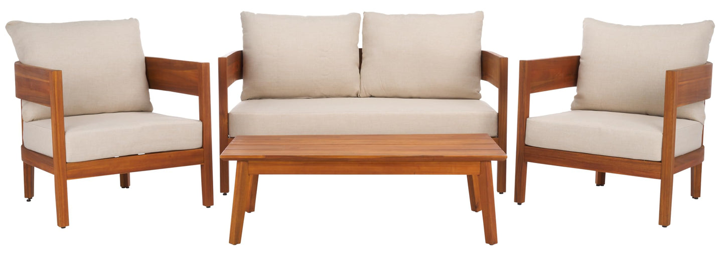 SAFAVIEH Outdoor Patio Furniture - Theo 4-Piece Set - Sand & Taupe - Acacia Wood - Conversation Set with Detachable Cushion Covers - Ideal for Patio, Deck, Porch, Backyard (PAT9511A-KIT2)