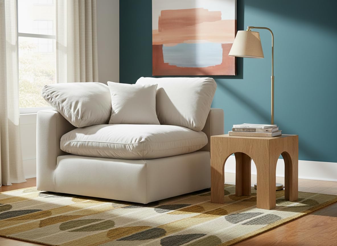 Meridian Furniture 189Cream-Corner Comfy Collection Modern | Contemporary Velvet Upholstered Corner Chair, Soft Cream Velvet, Down Feather Cushions, 40" W x 40" D x 34.5" H, Cream