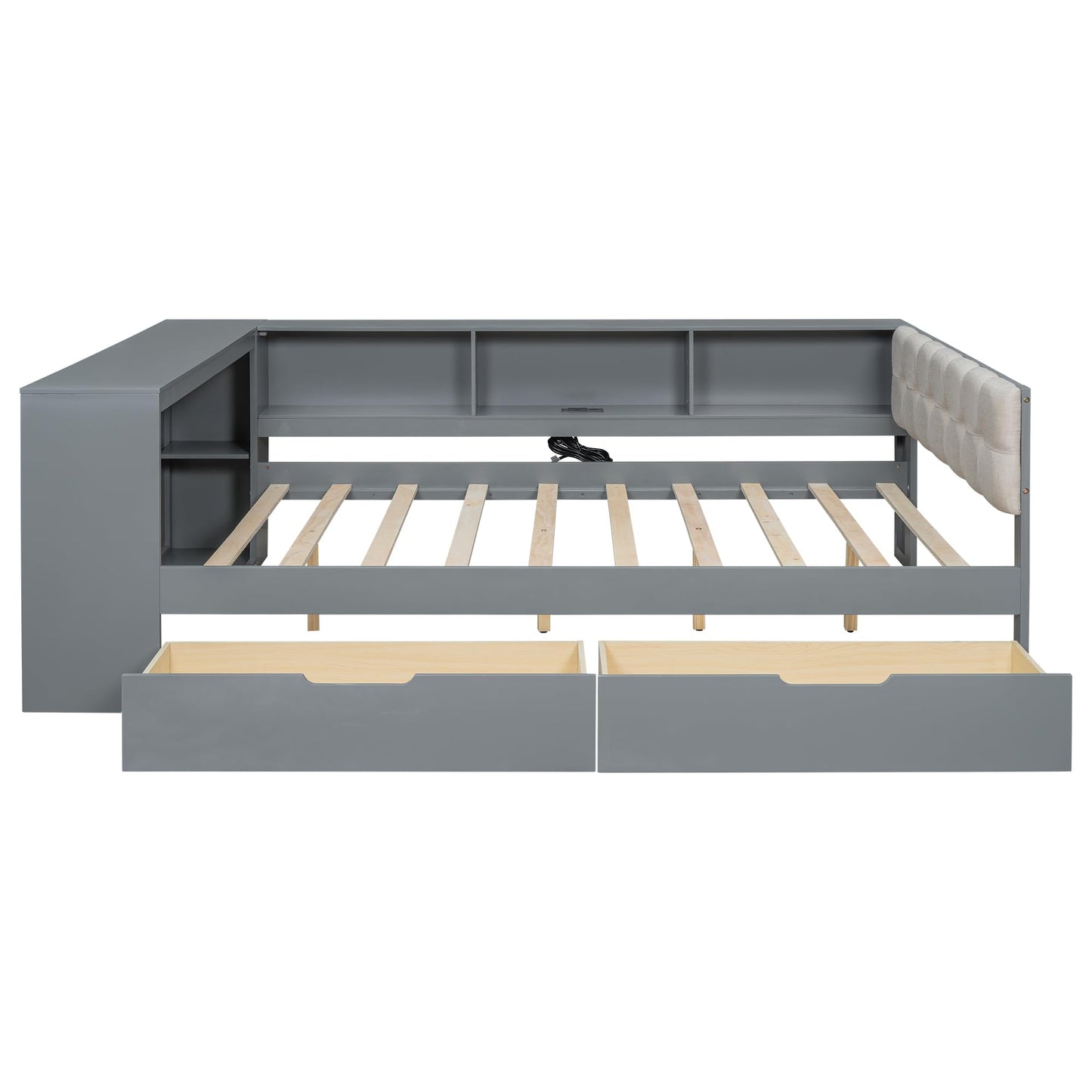 Merax Full Size Platform Bed with Storage Shelves,Drawers,Charging Station and Upholstered Headboard for Bedroom,