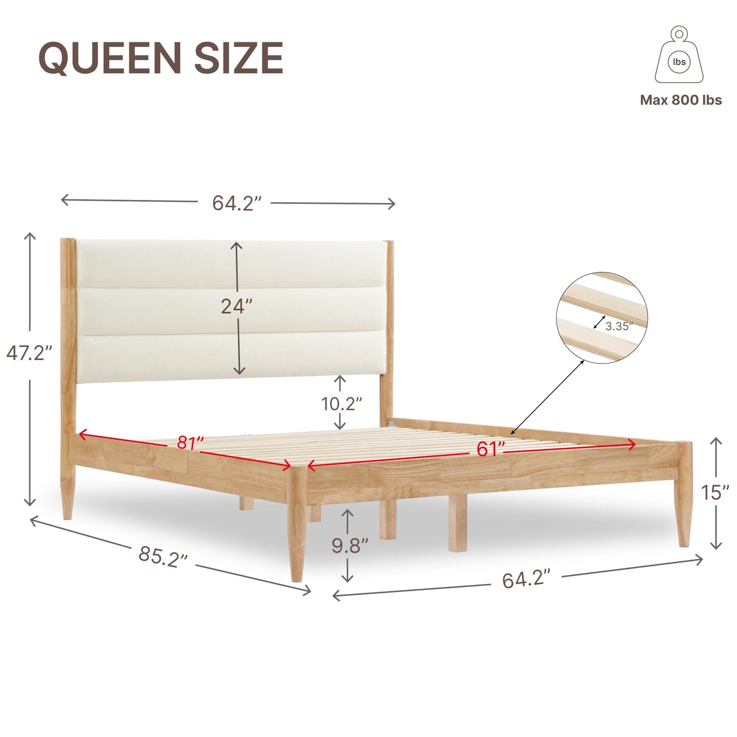 KISLOT Wood Bed Frame with Upholstered Headboard Wooden Platform with Silent Slat Support Mattress Foundation No Box Spring Needed, Easy Assembly