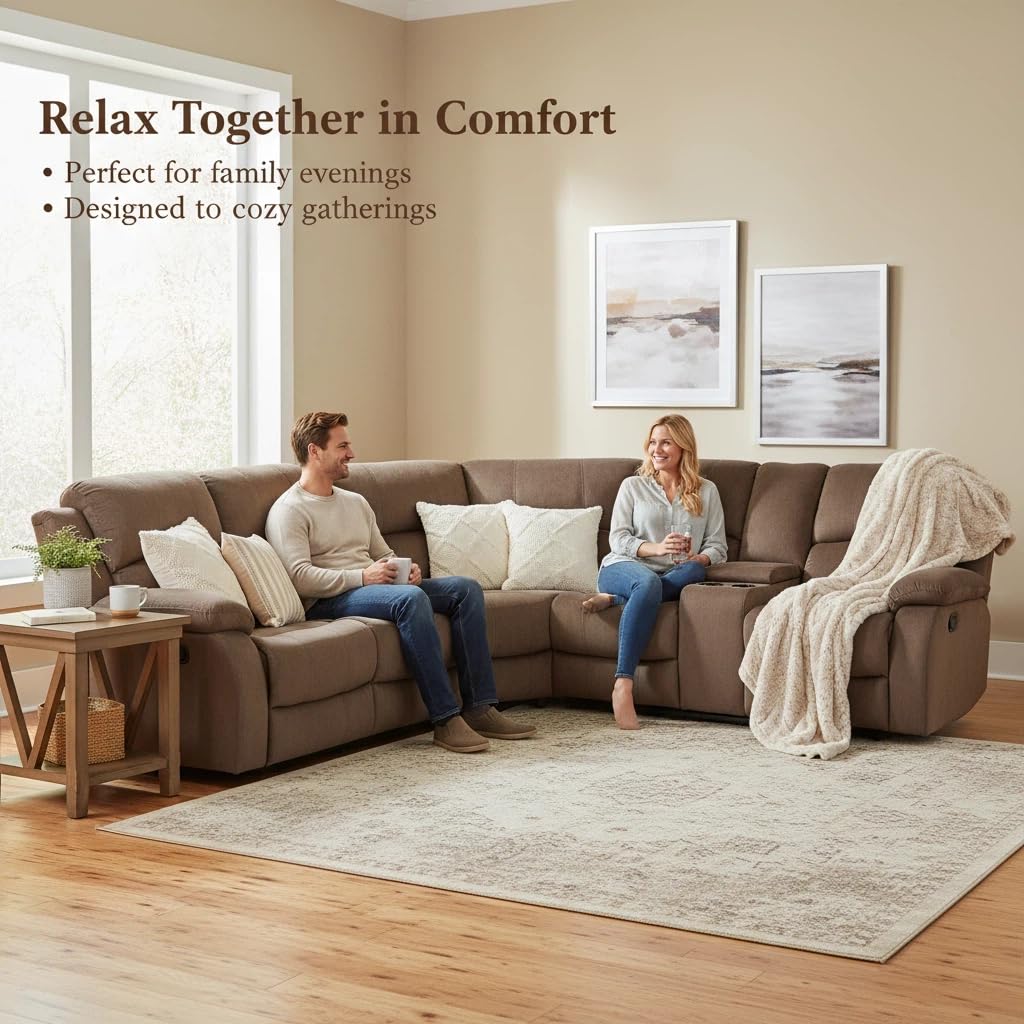 Trygoal Reclining Sectional Sofa Set, L-Shaped Sectional Couch for Living Room, Home Theater Seating with Cup Holders, Modern Intelligent Recliner Sofa, Brown