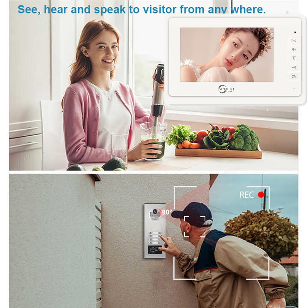 Wired Video Apartment Intercom System,2/3/4/6/8/10/12 Units 7 inch Monitor Video Door Phone Kit,Indoor Outdoor Video Doorbell, ID Card Unlock, 2 Way Audio for Home (for 8 Family)