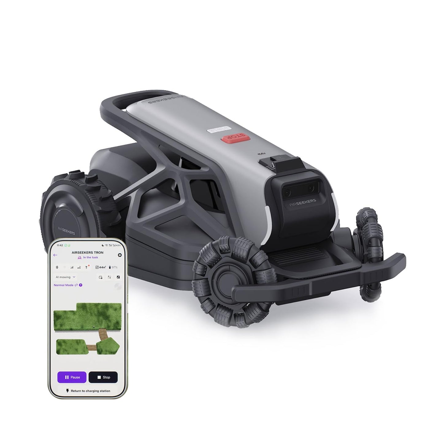 AIRSEEKER TRON SE Robot Lawn Mowe,r Wire-Free,Lawn Mower Reception 0.45 Acre,Antenna-Free NetRTK+AI Vision,65% Slope 140° Obstacle Detection,80 Multi-Zone Management, IPX6 Waterproof,10Ah