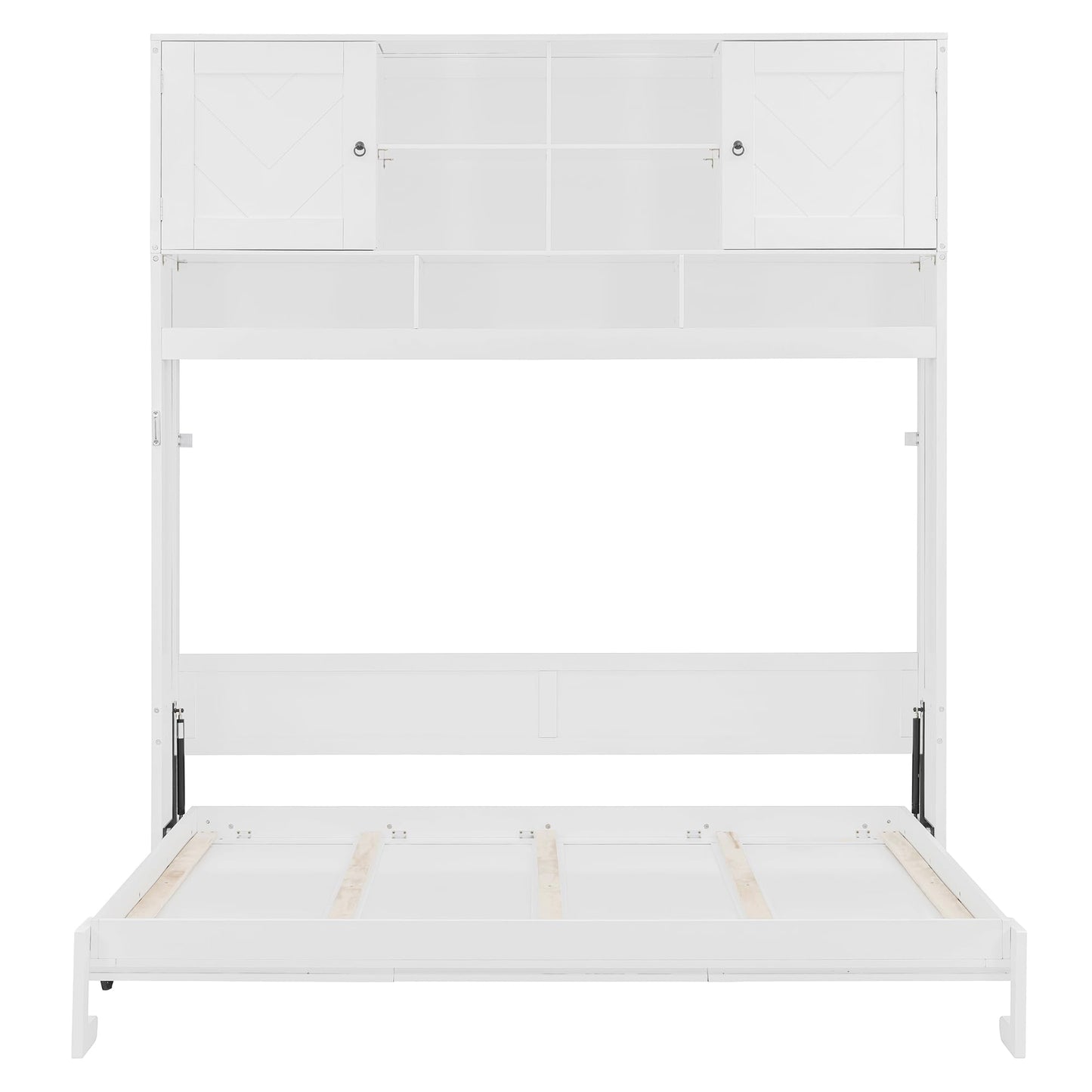 Merax Queen Size Murphy Bed Wall Bed with Top Storage Cabinets and Shelves, Fold into The Wall, Space-Saving Design, White Foldable Platform Bed Frame with Chevron Stripes, for Bedroom, Guest Room