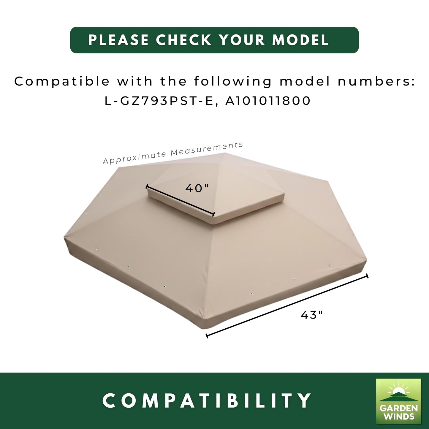 Garden Winds Reinforced RipLock 350 Replacement Canopy Top Cover Compatible with Heritage 12’ x 12’ Hexagon Gazebo Models L-GZ793PST-E, A101011800 - Beige