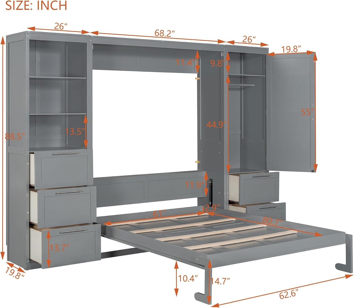 Queen Murphy Bed with Storage Wardrobe Closet,Drawers and Open Shelves,Wood Folding Farmhouse Murphy Wall Bed with Shelves,Space-Saving for Small Spaces Studio Study Office Guest Room (Grey)