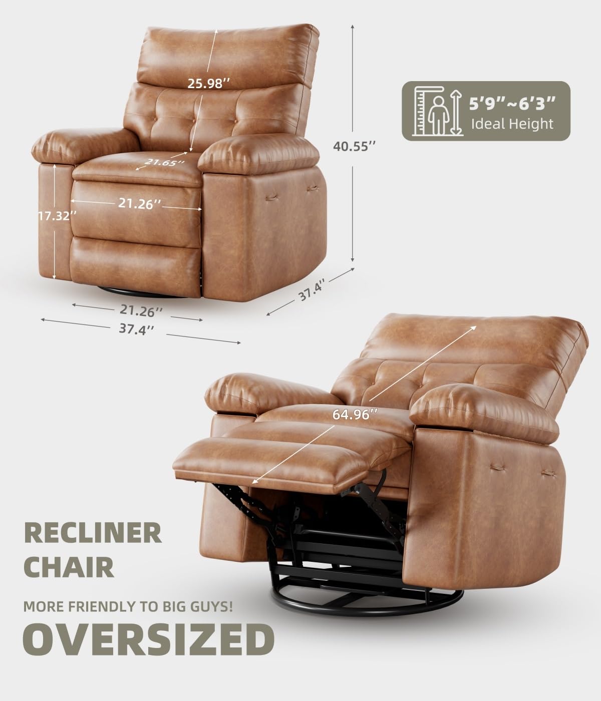 GarveeHome Oversized Recliner Chairs with Heat and Massage - 360° Swivel Lazy Boy Recliner Chair for Adults- Manual Rocking Chair with Remote Control for Living Rooms, Bedrooms and Nurseries - Coffee