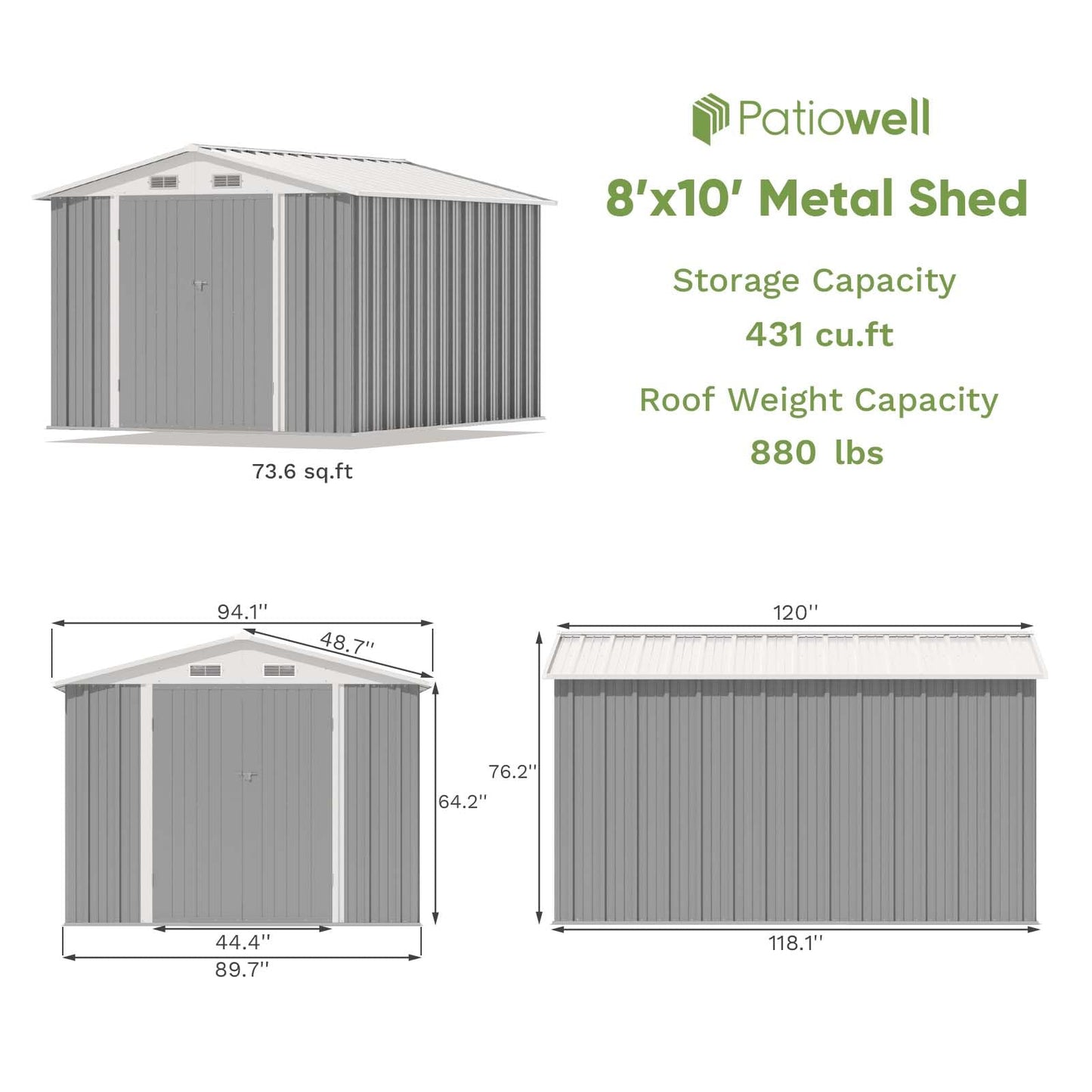 Patiowell 8x10 FT Outdoor Storage Shed, Large Garden Tool Metal Shed with Sloping Roof and Double Lockable Door, Outdoor Sheds for Backyard Garden Patio Lawn,Grey