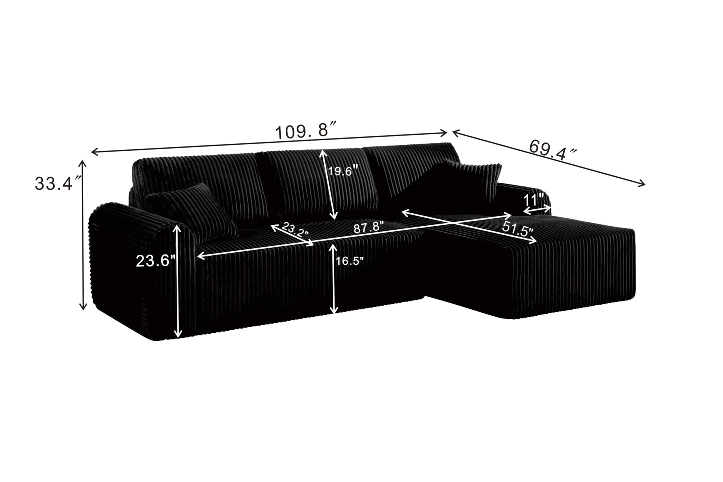 109-Inch L-Shaped Right Facing Boneless Corner Sofa 2 PCS Modular Sectional Cloud Sofa Couch with Chaise Lounge and Toss Pillow, Corduroy Boneless L-Shaped Couches