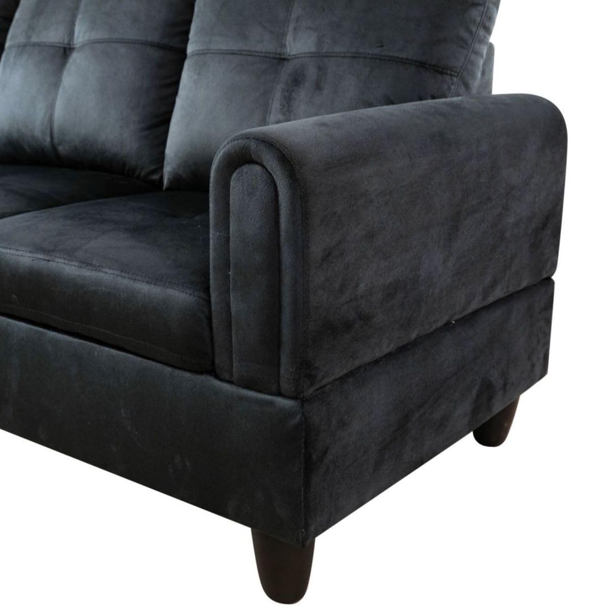 UOCFYK Black L-Shaped 3-Piece Flannel Sofa with Storage Ottoman Set, Sectional Couch Sofa Set for Living Room, Office, Small Space