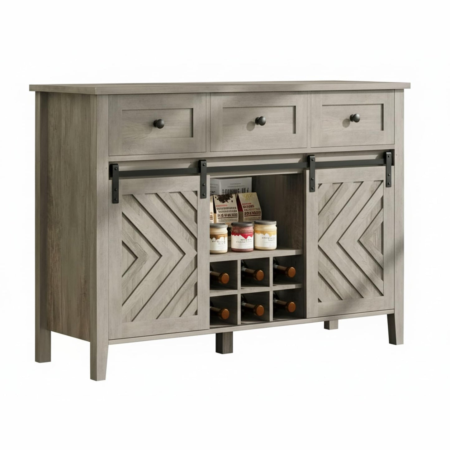 MERXENG 47 in Farmhouse Sideboard Buffet Cabinet with Wine Rack & Drawers, Wood Wine Bar Cabinet with Sliding Barn Doors, Rustic Coffee Station for Dining Room Kitchen Living Room, Grey