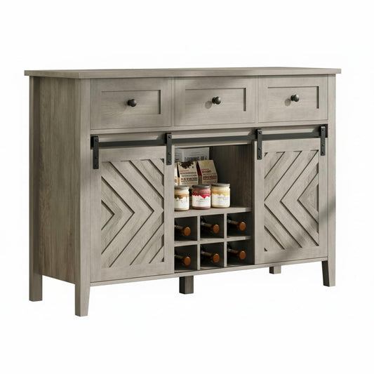 MERXENG 47 in Farmhouse Sideboard Buffet Cabinet with Wine Rack & Drawers, Wood Wine Bar Cabinet with Sliding Barn Doors, Rustic Coffee Station for Dining Room Kitchen Living Room, Grey