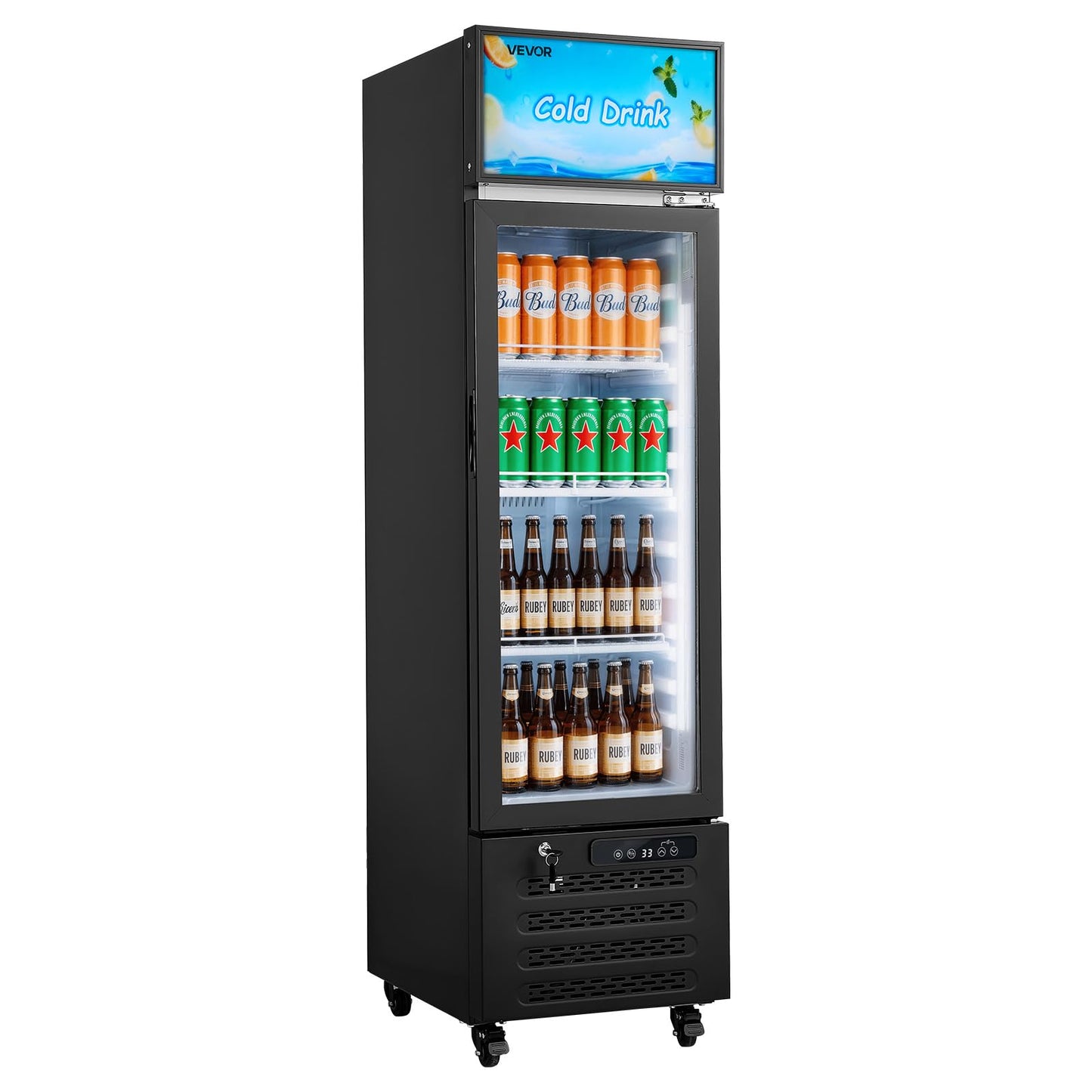 VEVOR Commercial Merchandiser Refrigerator, 6.1 Cu.Ft / 173 L Glass Door Display Refrigerator, Upright Beverage Cooler with Customizable Lightbox, 3 Adjustable Shelves & Soft LED Light for Homes Shops