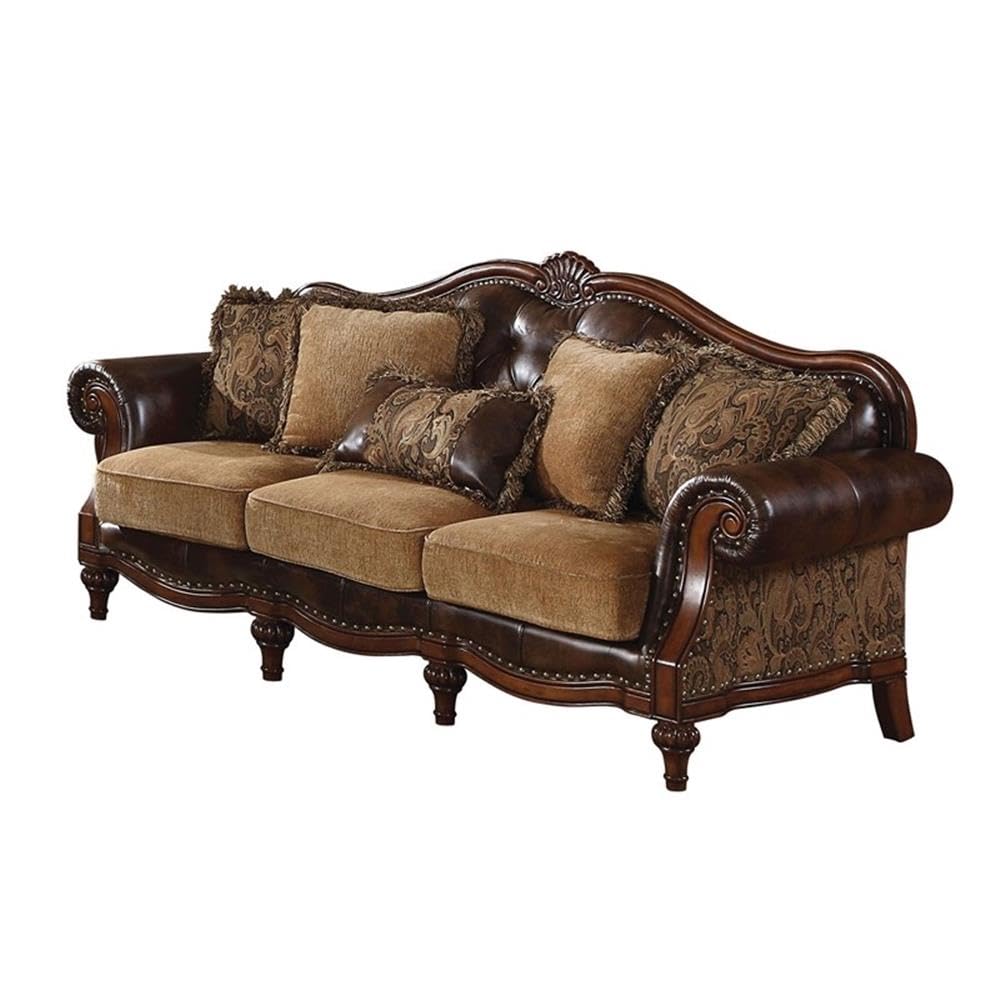Acme Dreena Rolled Arm Upholstered Faux Leather Sofa with 5 Pillows in Brown