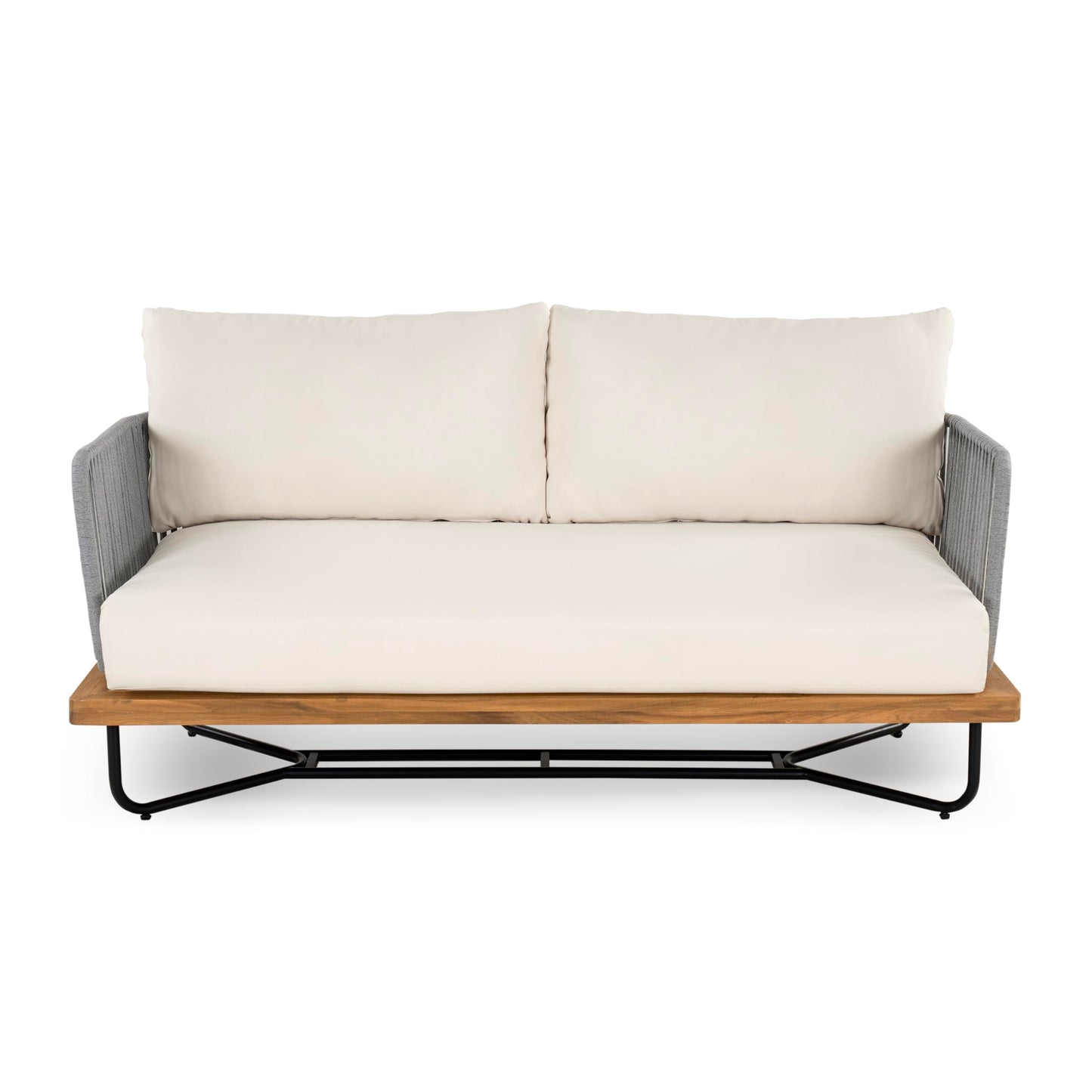 Merax 2 Piece Patio Outdoor Furniture Set, All-Weather Acacia Wood Loveseat Sofa with Cushions, 1 Coffee Table with Sturdy Base for Porch, Lawn, Backyard, Balcony, Beige+Gray