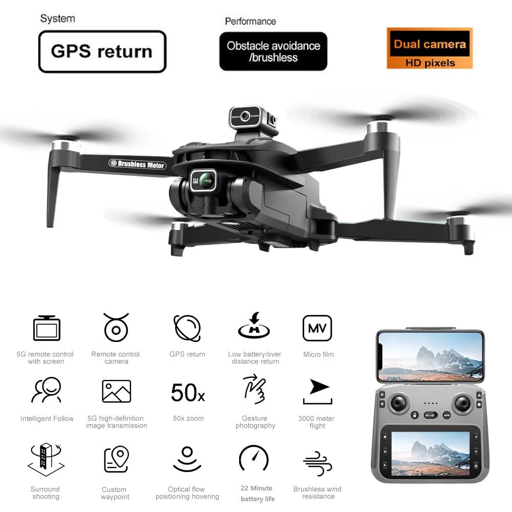 CVCBSER Drone for Adults with 1080P Camera, 4.5" LCD 8K HD Screen Control, GPS Auto Return Four Way Obstacle Avoidance Drones Quadcopter, 5000ft Video Transmission, 44Mins Flight Time