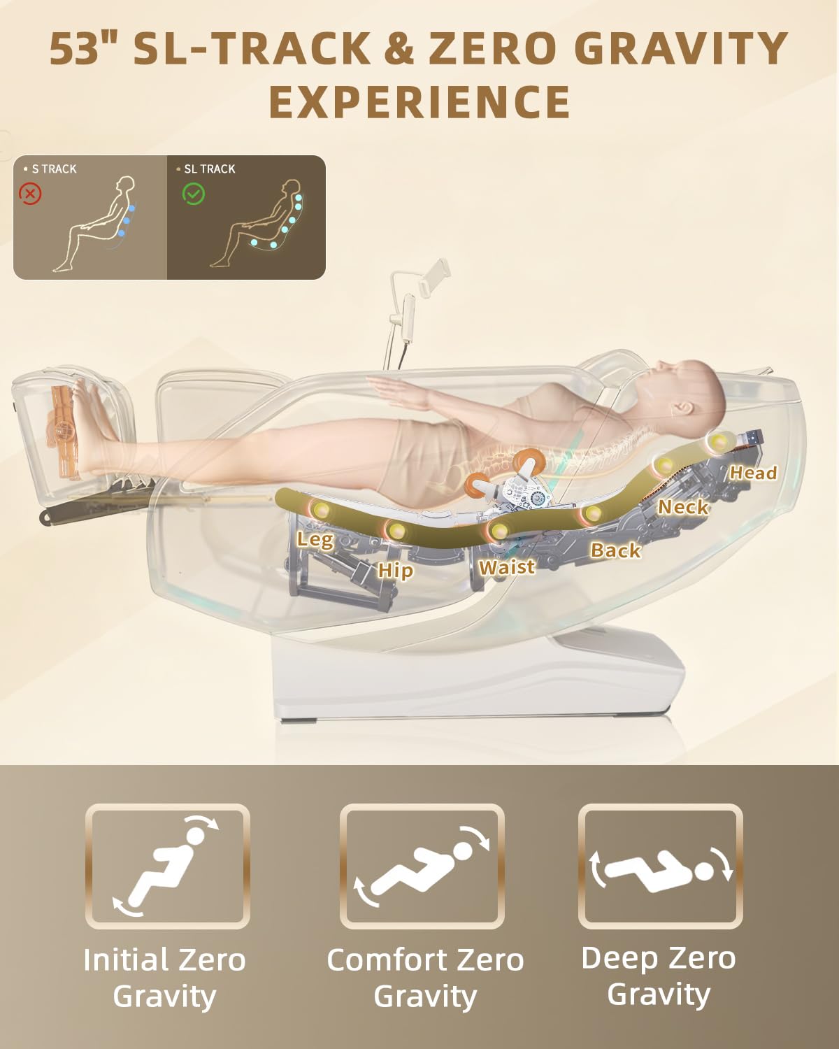 RelaxRelife Full Body Zero Gravity Massage Chair with Body Scan 4D Intelligent Shiatsu Strecth Massage, Back/Leg Heated with AI Voice Control Bluetooth Speaker Airbags SL Track Massage Beige