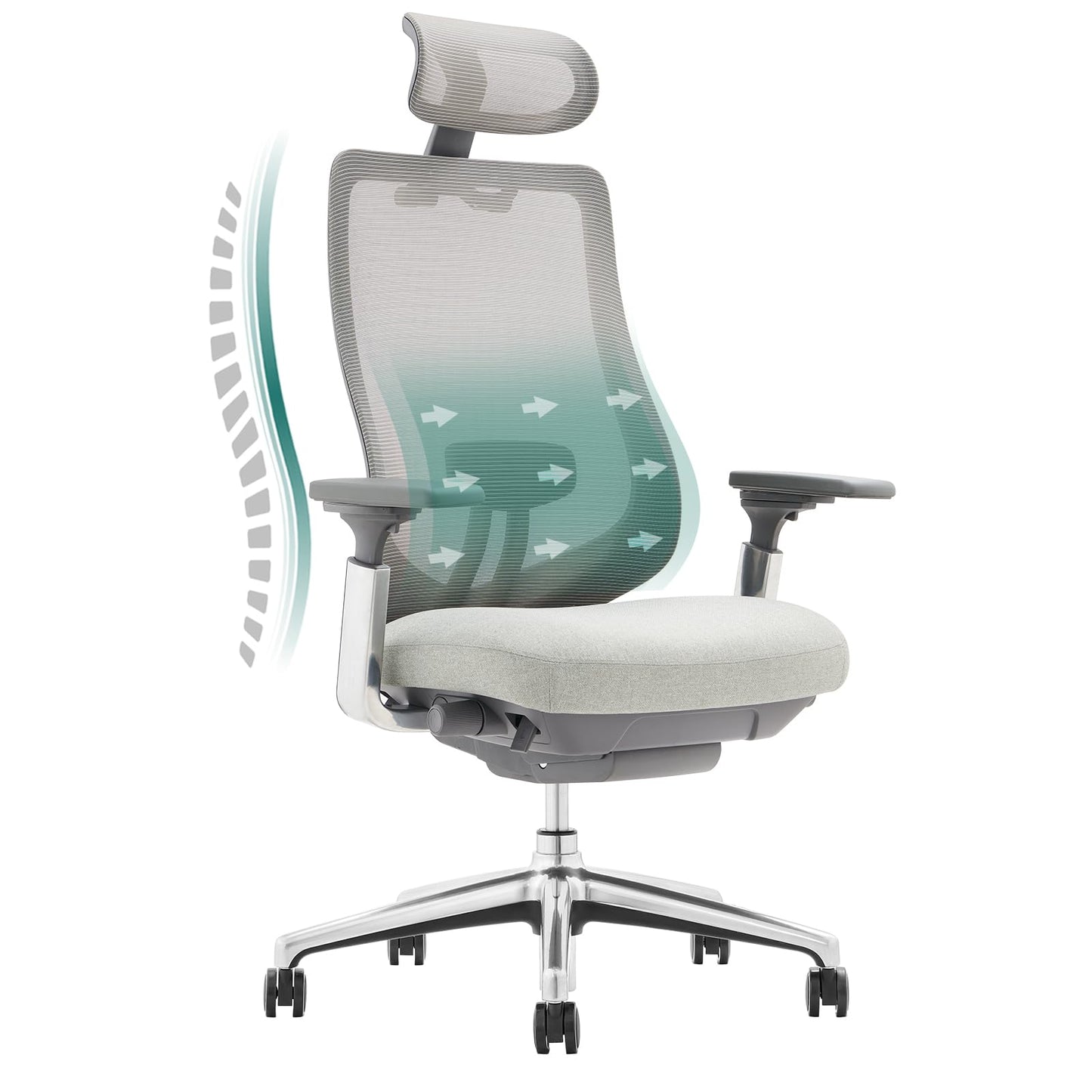 COLAMY Ergonomic Mesh Office Chair, High Back Computer Executive Desk Chair with Adjustable Headrest and 4D Arms, Slide Seat, Tilt Lock-Light Grey