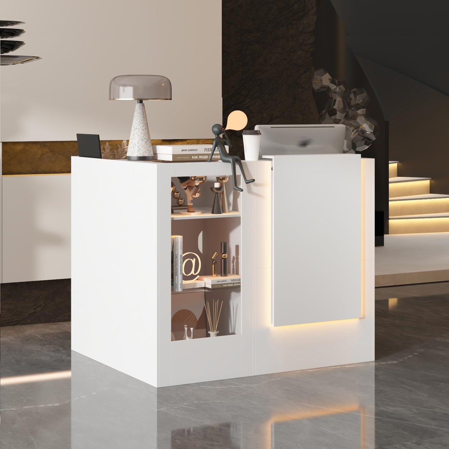 AIEGLE Modern Reception Desk, Front Desk Reception Counter, 47.2" W L Shaped Check Out Counter with Storage, LED Lights, Cable Grommet & Glass Display Shelf for Salon, Lobby, White