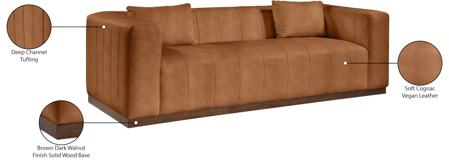 Meridian Furniture 44098Cognac-S Mallina Collection Modern | Contemporary Sofa with Soft Cognac Vegan Leather, Walnut Finish Solid Wood Base, Deep Channel Tufting, 90.5" W x 36" D x 28.5" H, Cognac