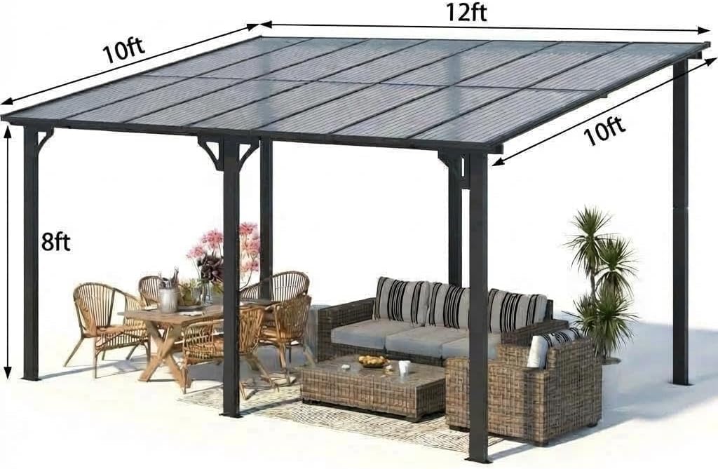 10'X12' Hardtop Wall Mounted Gazebo with Gutters & Galvanized Steel Roof, 60MPH Wind Resistance, Lean to Gazebo Pergola with Sloped Roof for Deck, Porch, Backyard and More, Black