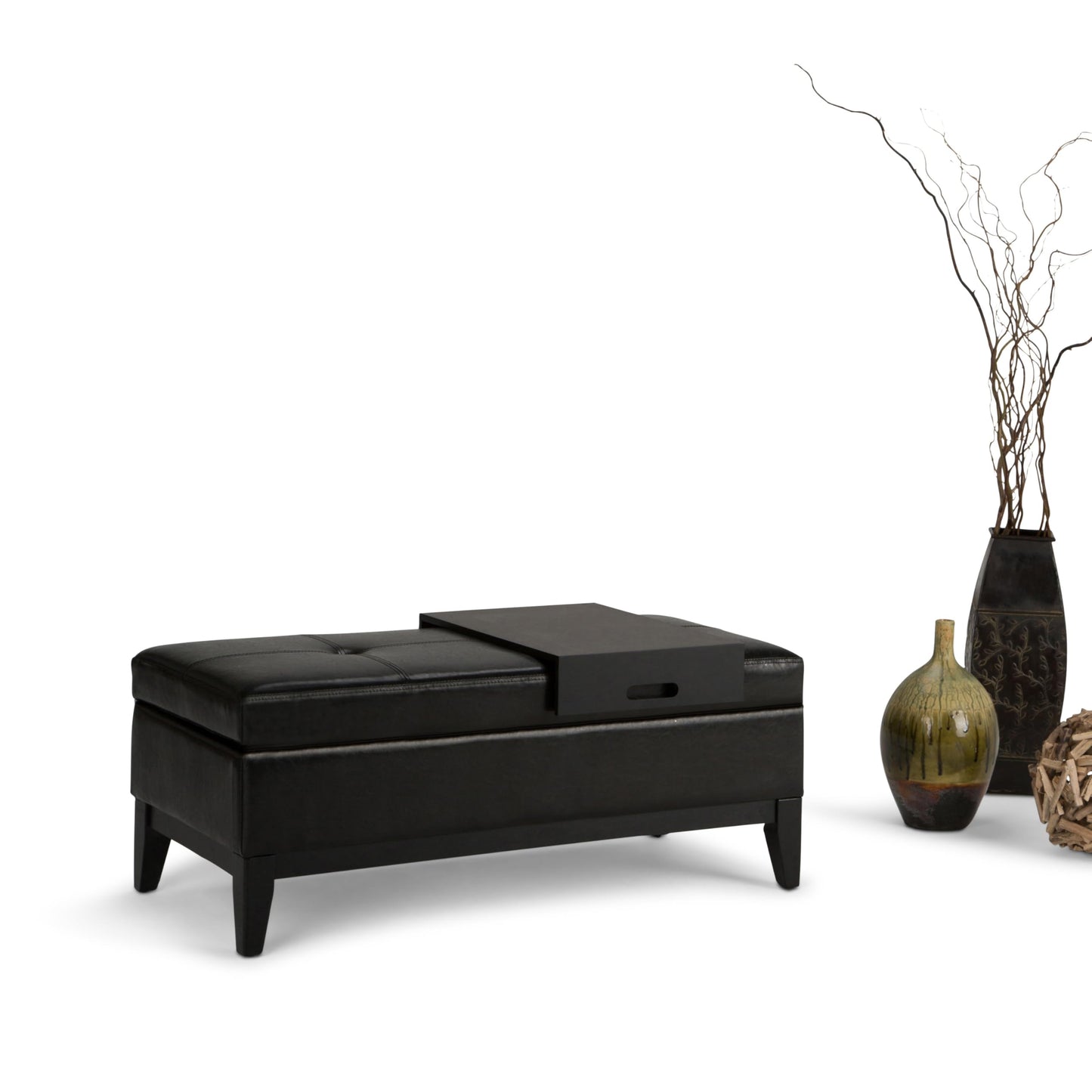 SIMPLIHOME Oregon Storage Ottoman Bench with Tray - 42 inch Wide Upholstered Vegan Leather Rectangle Ottoman Bench in Midnight Black, Transitional Tufted Ottoman for Living Room with Lift-Up Lid