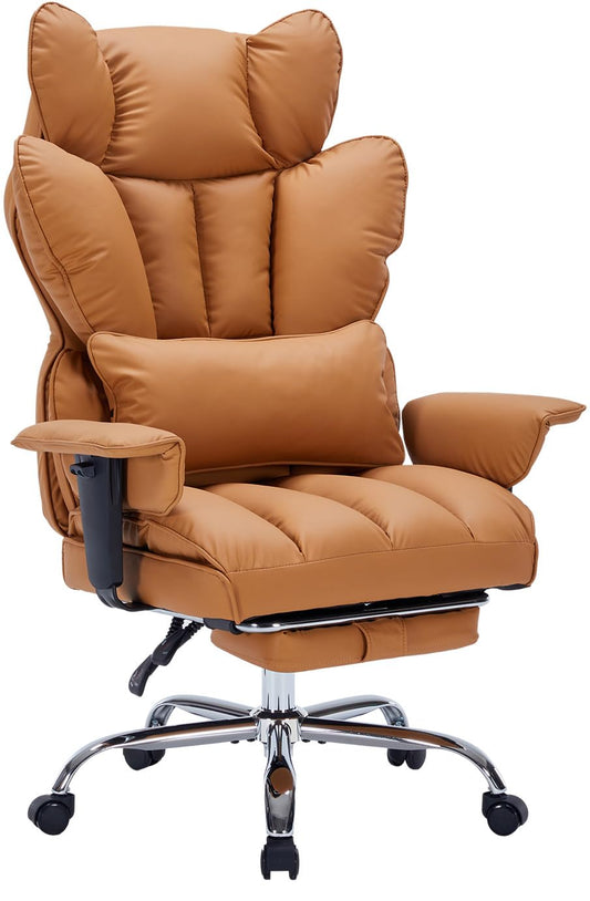 Big and Tall Office Chair, 400lbs Executive Leather Office Chair with Footrest, Ergonomic Gaming Chair for Adults, High Back Desk Chair with Lumbar Support, Wide Seat, 150 Degree Reclining, Brown