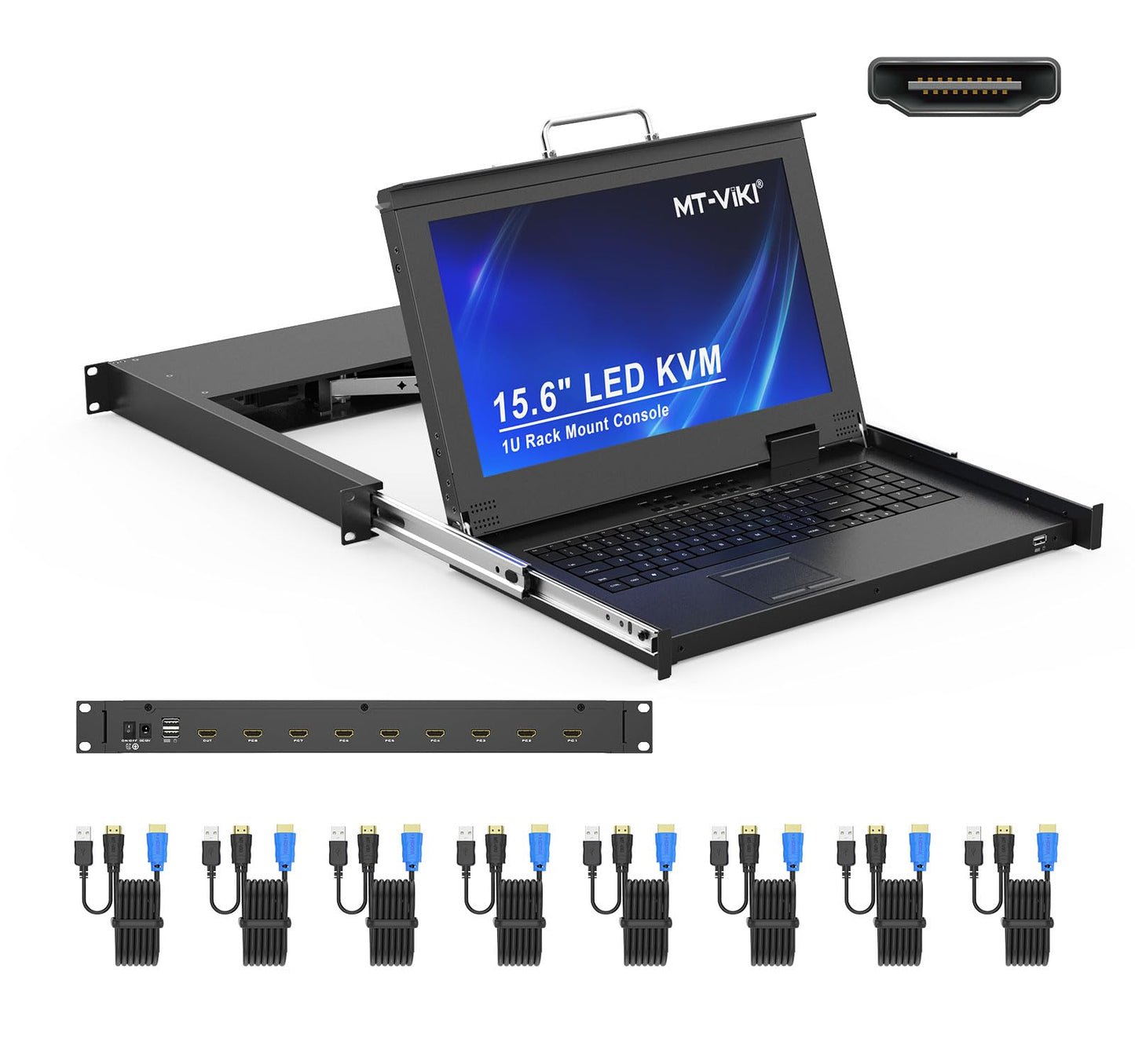 MT-VIKI Rack Mount KVM Console w/15.6" LCD Monitor, 8 Port HDMI KVM Switch, 1920x1080@60Hz 1U Integrated Monitor Keyboard, Fits 18.9" to 31.5" Deep Racks (480-800mm), Included 8 Cables