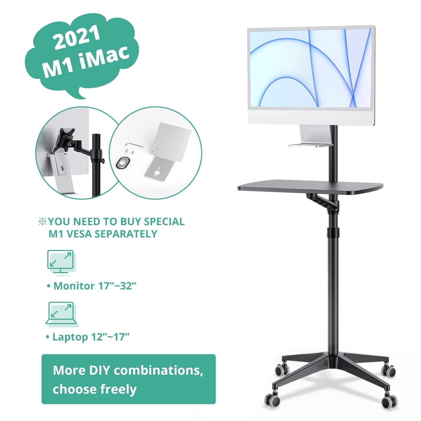 Viozon Mobile Desk,Mobile Workstation,Mulitiuse Rolling Laptop Floor Stand,34"-48.6" Height Adjustable,Compatible with 17"-27" Monitor&12"-17" Laptop,21"×14" Desk,Maxload 17.6lbs,4 Lockable Wheels B