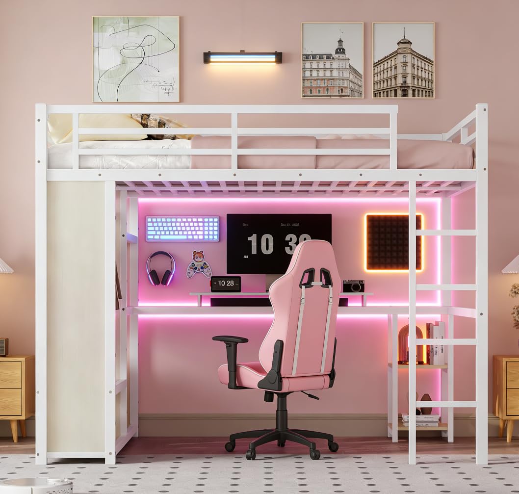 Bellemave Queen Size Loft Bed with Desk, Wardrobe, Metal Queen Loft Bed Frame, White Wood-Grain