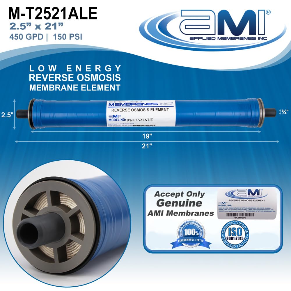 2.5" x 21" Low Energy Reverse Osmosis Membrane Element for Tap Water | 450 GPD at 150 psi | 99% Rejection | Replacement Commercial RO Membrane | Applied Membranes USA M-T2521ALE