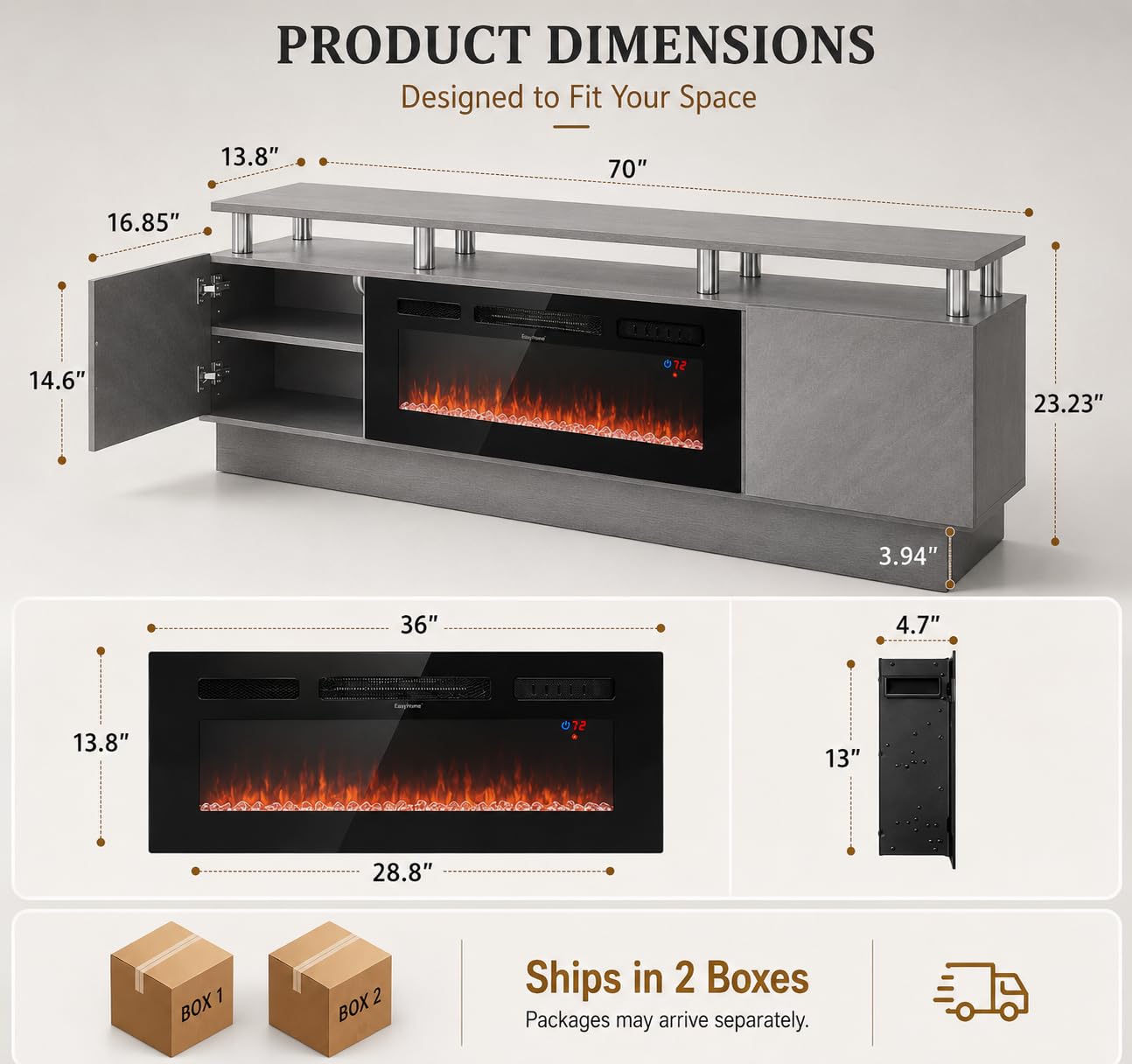 OneBlis 70" TV Stand for Living Room, Entertainment Center with Storage Cabinet, Fits TVs up to 80", Modern Media Console with Shelves, 36" Electric Fireplace (Grey+Black)