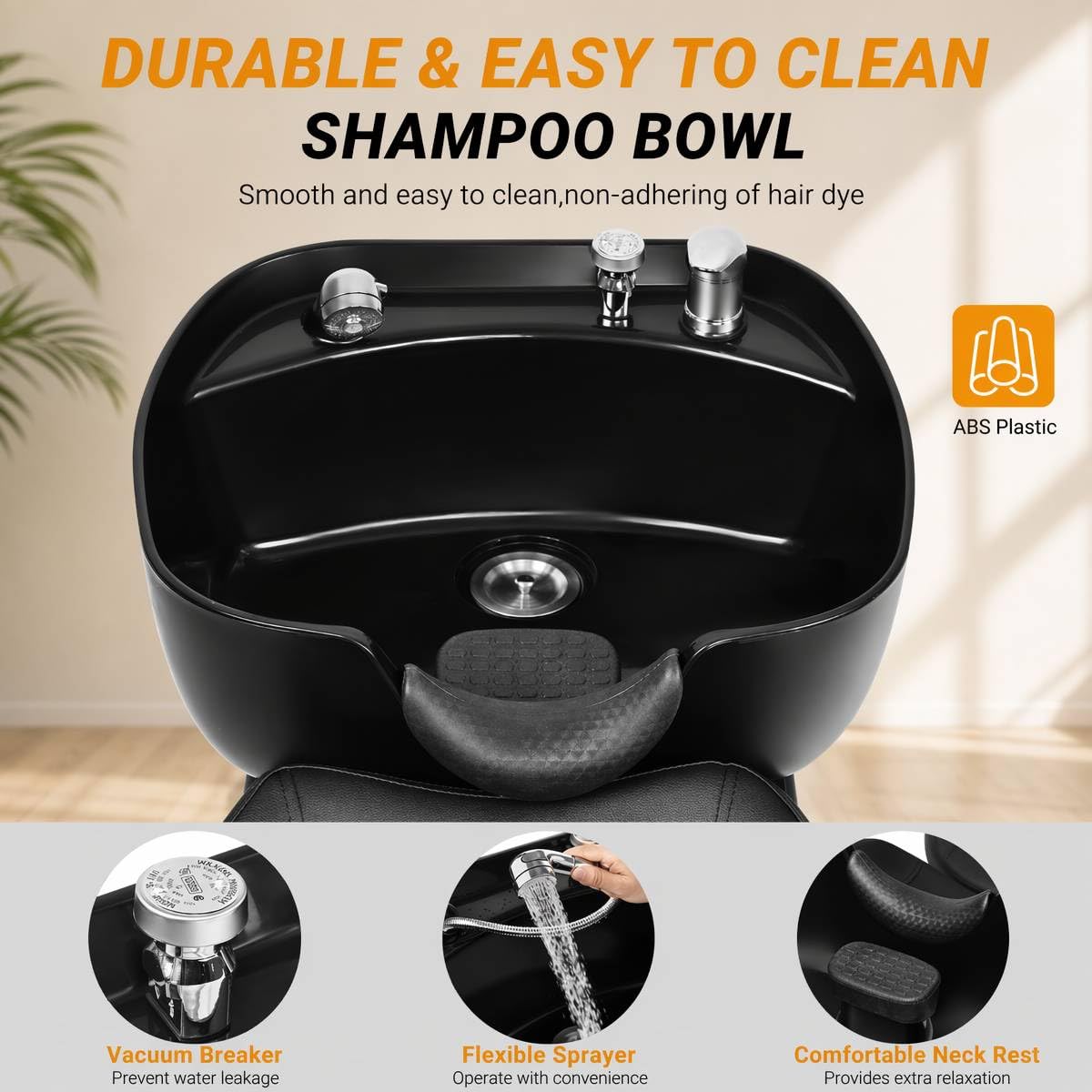 New Backwash Barber Chair ABS Plastic Shampoo Bowl Sink Unit Station Spa Salon Equipment,Black