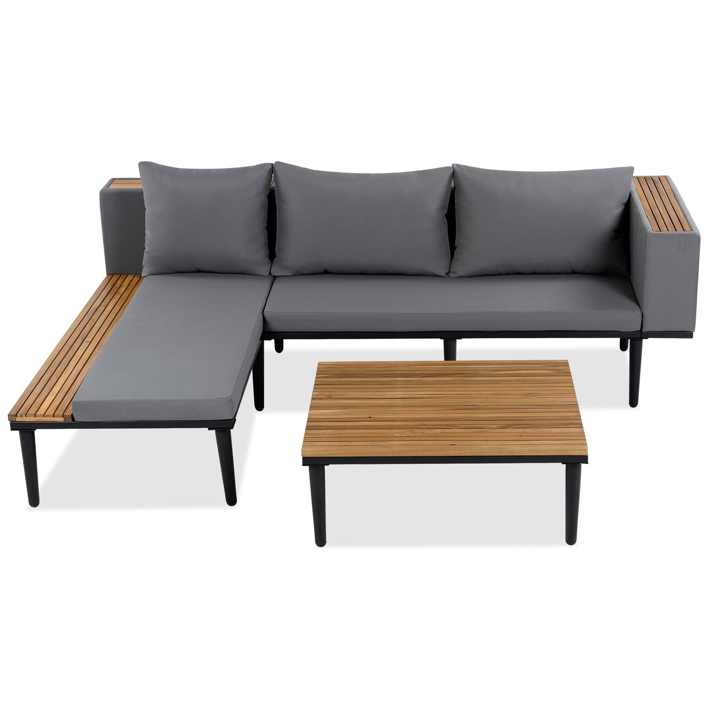 Luxury 4-Piece L-Shaped Outdoor Patio Sofa Set with Acacia Wood Side & Coffee Table, Removable Cushions & Pillows, Metal Frame, Comfortable Modular Conversation Sectional for Backyard, Porch, Gray
