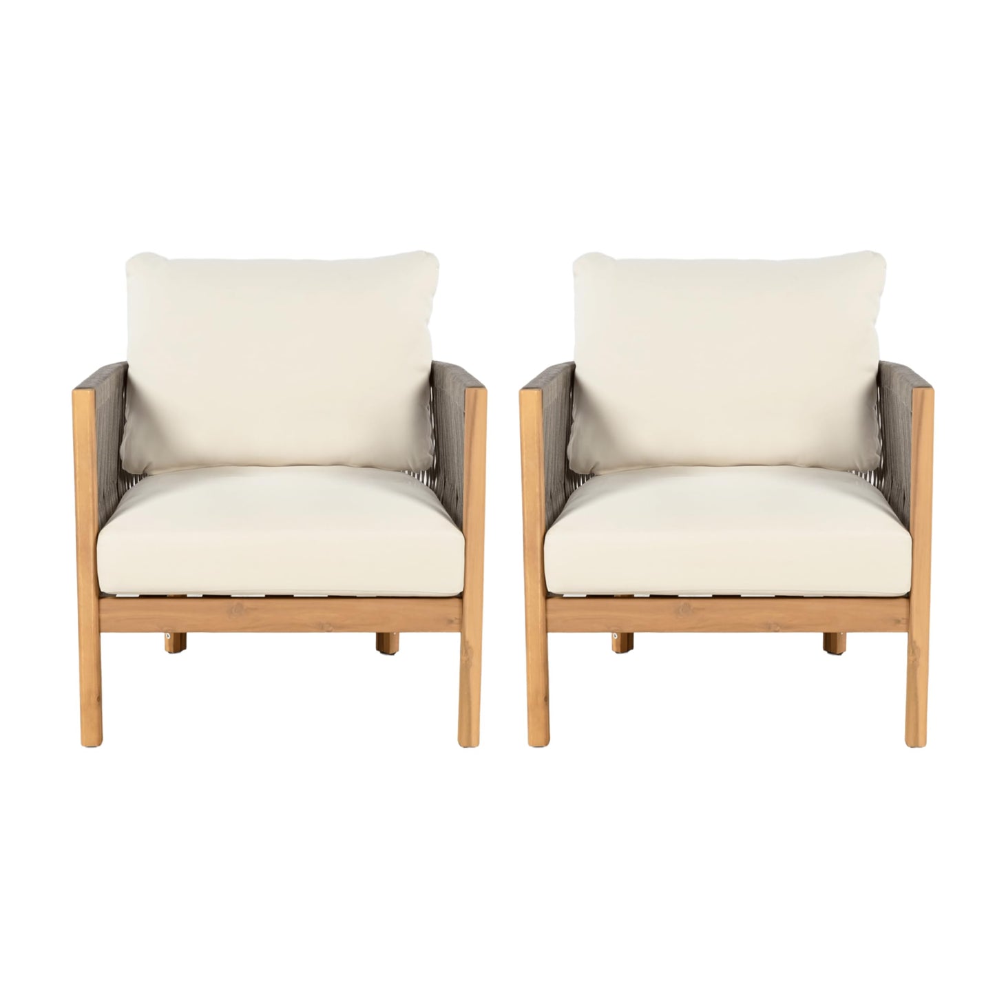 Christopher Knight Home Havets 5 Pieces Outdoor Acacia Furniture Set, Woven Rope Loveseat and Accent Club Chairs, 6" Thick Cushions Sofa and Coffee Table Set for Backyard Garden Balcony, Gray+Beige