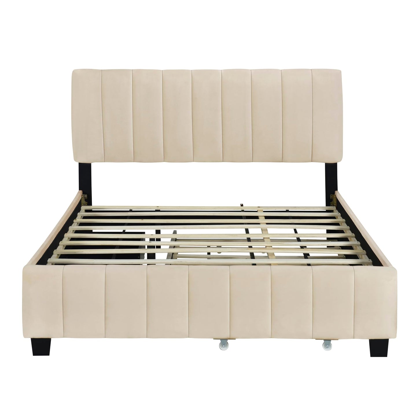 Merax Queen Size Upholstered Platform Bed with 2 Drawers and 1 Twin XL Trundle, Beige Wooden Bed Frame, No Box Spring Need