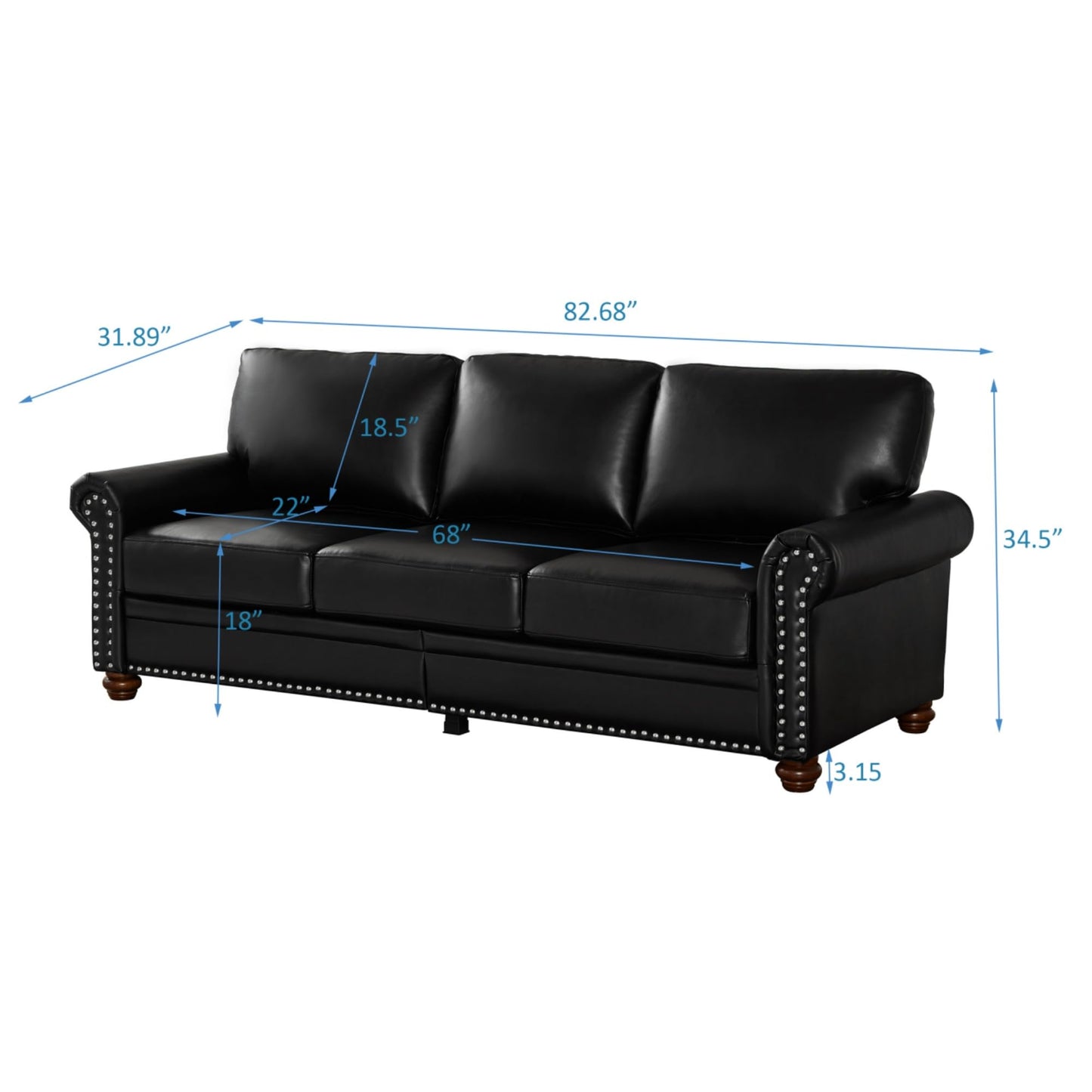 KEIKI 82.68" Chesterfield Sofa, Retro Style Upholstered Faux Leather PU Couch with Storage Space, Rolled Arm, Nailhead for Living Room Bedroom Office Apartment, Black