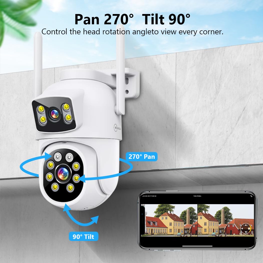 MOVOLS Wireless Security Camera System 5G/2.4G WiFi 4pcs 4MP+4MP Dual Lens Camera with 10" LCD Monitor Screen NVR System,2K HD PTZ Cameras with Color Night Version, Motion Detection,500GB HDD,10CH
