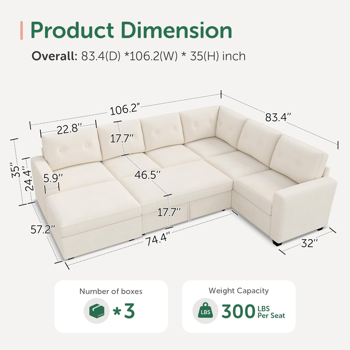 HONBAY 106.2 Inch U-Shaped Sectional Sleeper Sofa with Pull-Out Bed & Storage Ottoman, 7-Seater Sectional Sofa for Living Room, Pet-Resistant Corduroy Couch, Beige