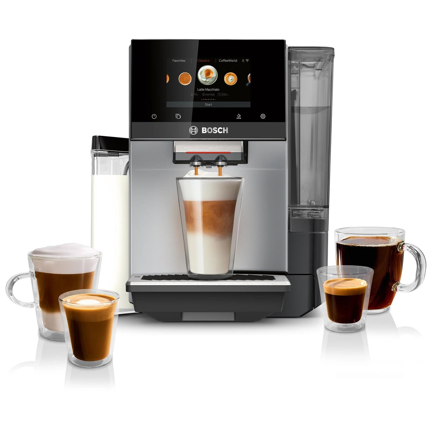 Bosch Fully Automatic Coffee and Espresso Machine - 36 Drinks, Double Cup Barista Style Super Coffee Maker - Touchscreen, Large Bean Capacity - Easy Clean, Maintenance - Silver - TQU60307