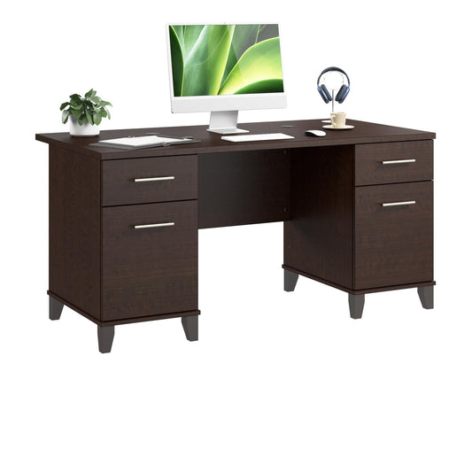 Bush Home 60-Inch Office Desk with Drawers, Computer Desk with File and Box Drawers, Home Office Workstation with Storage Cabinet, Writing Desk Furniture, Somerset Collection, Mocha Cherry