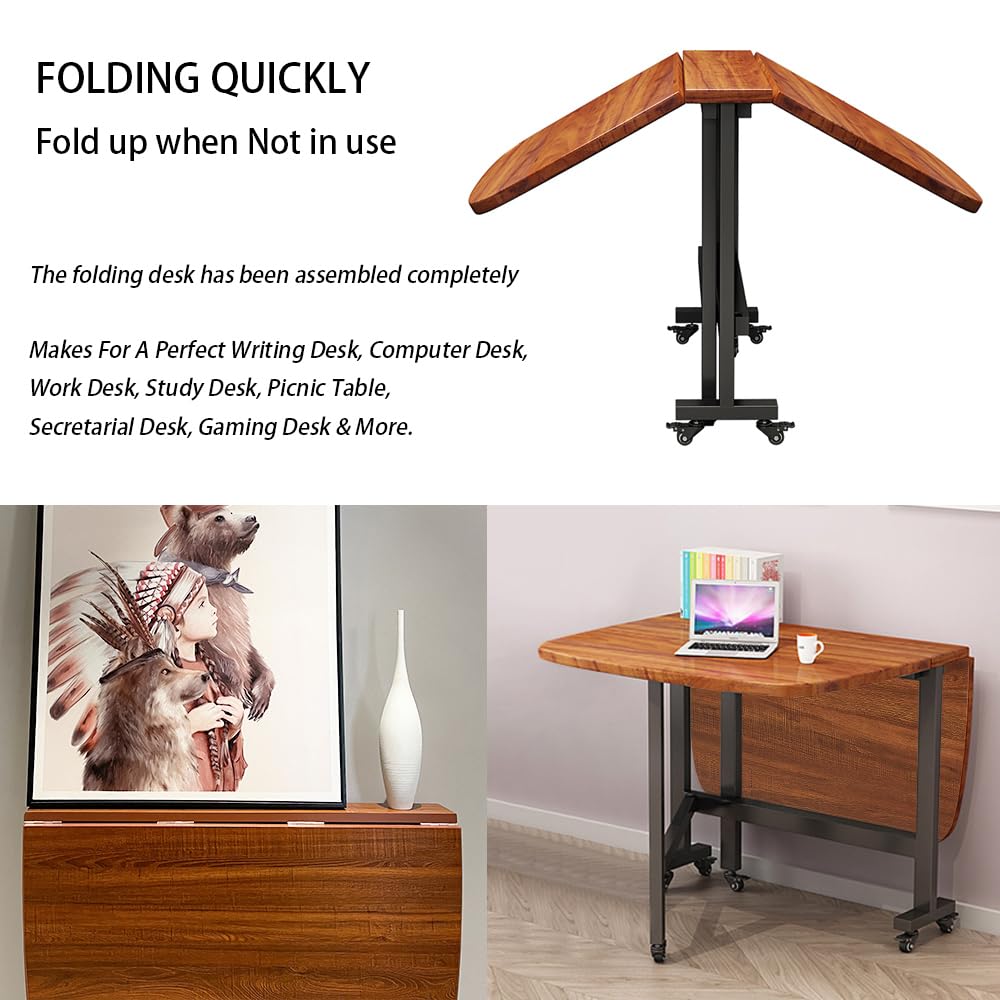 Rukulin Multifunction Table Drop Leaf Dining Table - 47" Wooden Foldable Kitchen Table with 6 Wheels (Brown)