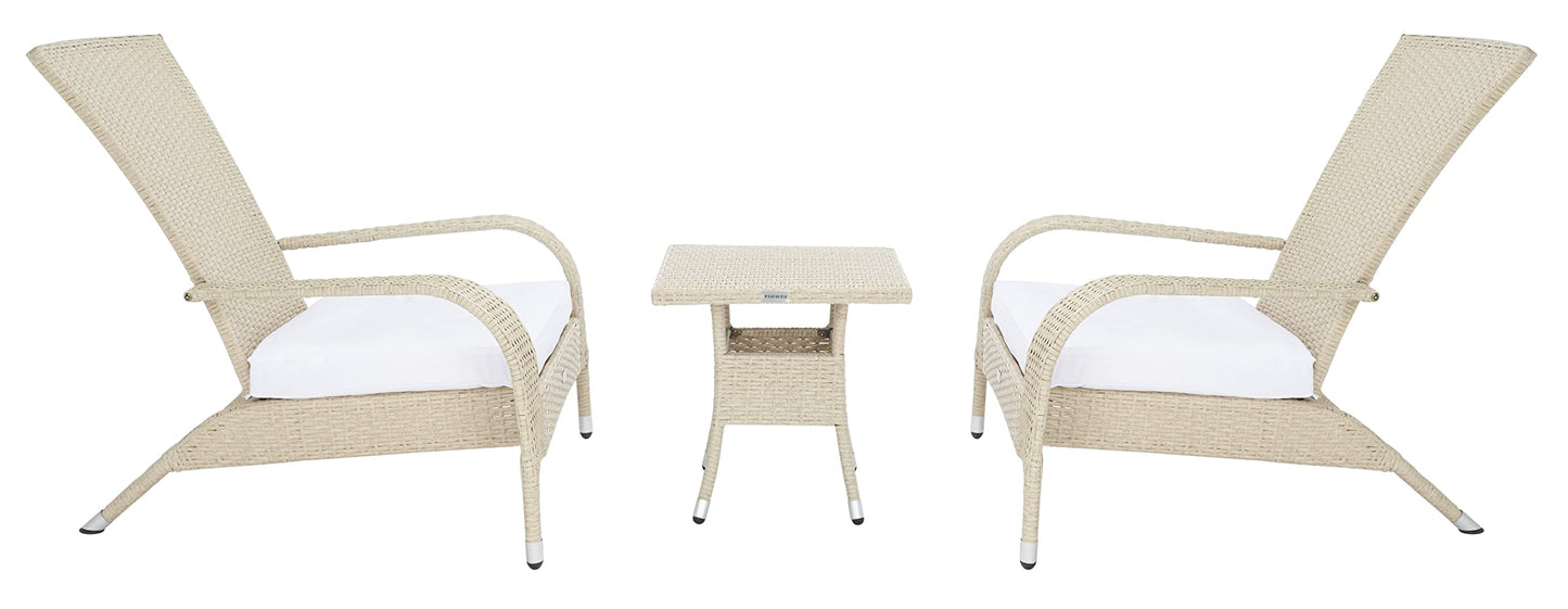 SAFAVIEH Outdoor - Edna 3-Piece Lounge Set - Beige & White - Steel Frame & Faux Rattan with Cushion - Wingback Tropical French Design - Ideal for Patio, Deck, Porch, Backyard (PAT7719B)