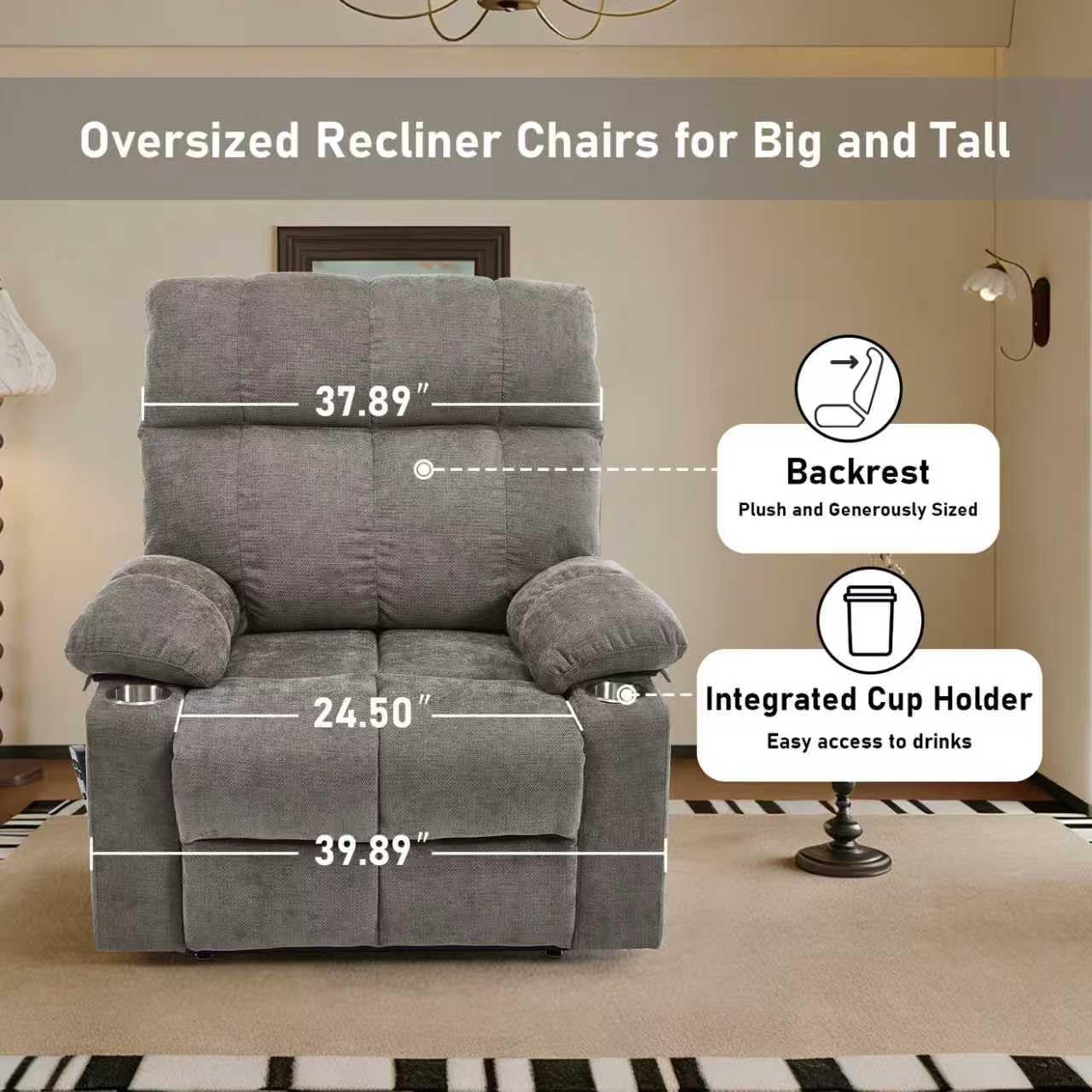 RHHVVR Oversized Recliner Electric Lift Chair, Power Lift Recliner for Big and Tall, 180° Lay-Flat and Assisted Standing, Extra Large Sofa with 8-Point Massage & Heating, Medium-Soft, Gray