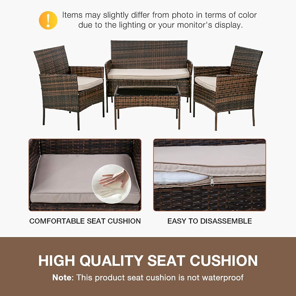 BestMassage Patio Furniture 4 Pieces Outdoor Indoor Use Rattan Chairs Wicker Conversation Sets for Backyard Lawn Porch Garden Balcony,Brown
